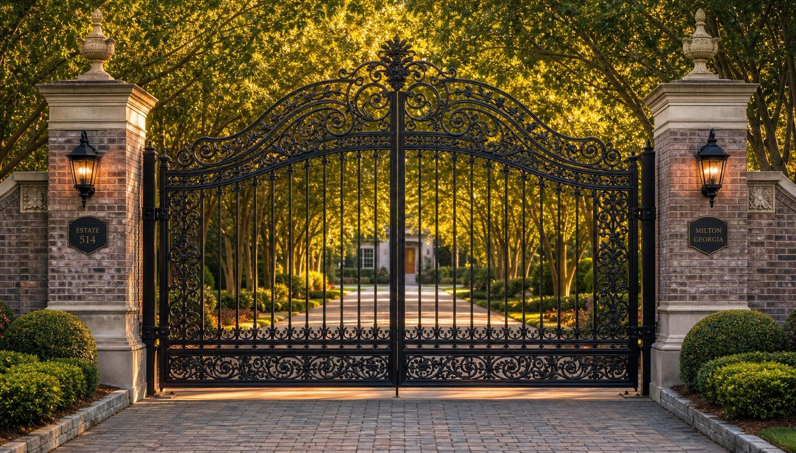 Ornamental iron driveway gate installed in Milton, GA